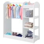 Детска Стойка за Дрехи с Огледало - Отворен Детски Гардероб с Рафтове и Закачалки, Бял, 94x38x100 см