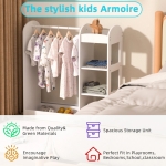 Детска Стойка за Дрехи с Огледало - Отворен Детски Гардероб с Рафтове и Закачалки, Бял, 94x38x100 см