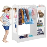 Детска Стойка за Дрехи с Огледало - Отворен Детски Гардероб с Рафтове и Закачалки, Бял, 94x38x100 см