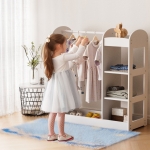 Детска Стойка за Дрехи с Огледало - Отворен Детски Гардероб с Рафтове и Закачалки, Бял, 94x38x100 см