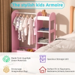 Детска Стойка за Дрехи с Огледало - Отворен Детски Гардероб с Рафтове и Закачалки, Розов, 94x38x100 см