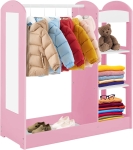 Детска Стойка за Дрехи с Огледало - Отворен Детски Гардероб с Рафтове и Закачалки, Розов, 94x38x100 см