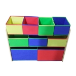 Детски Дървен Органайзер, Етажерка, Шкаф, Секция за Съхранение на Играчки и Книжки - 3 нива с 9 Текстилни Кутии - COLORS