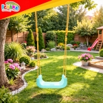 Детска люлка 3 в 1 на въжета за дом и градина, с облегалка и предпазни колани, до 30 кг, тюркоазено-бежова