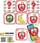 Говореща и Разказваща Мемо Игра „Памет с Плодчета“ на Български – 28 Елемента, 14 Двойни Карти (7×7 см), с Добавена Реалност на 16 Езика, 24×12×5 см