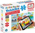 Говорещ и Разказващ Пъзел „Транспортни Средства“ на Български за Най-Малките – 8 Модела, 6 Елемента (13×55 см) Всеки, Общо 48 Елемента, от EVA Пяна, с Добавена Реалност на 16 Езика, 26×21×7 см