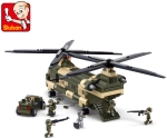 Конструктор Sluban Армия – Двуроторен Хеликоптер с Бойни Машини, 520 Елемента, 5 Фигурки, 43×38×8 см