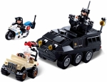 Конструктор Sluban Полиция – SWAT Бронетранспортьор с Мотор и Джип, със Стрелба, 324 Елемента, 3 Фигурки, 33×29×7 см
