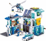 Конструктор Sluban Полиция Централен участък с хеликоптер и джип с движение при издърпване назад 686 ел. с 7 фигурки 52x38x8 см